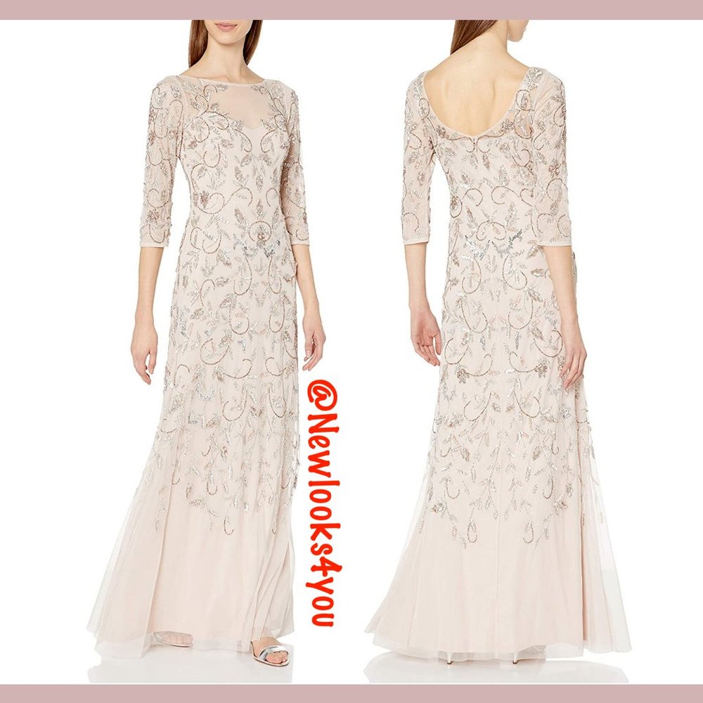 New Adrianna Papell Beaded A-Line Gown 3/4 Sleeve